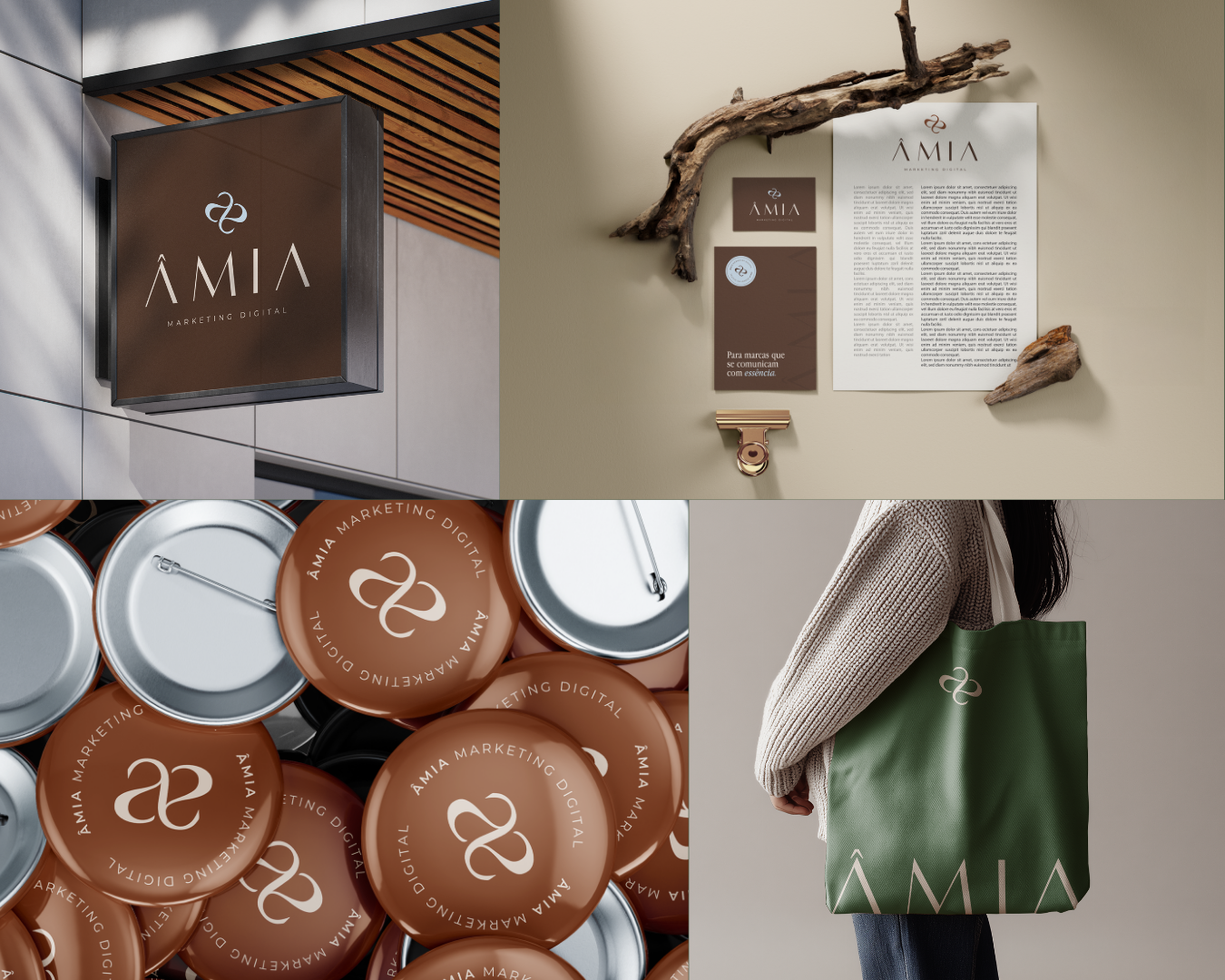 Mockups de identidade visual da marca ÂMIA: fachada, papelaria, buttons e ecobag